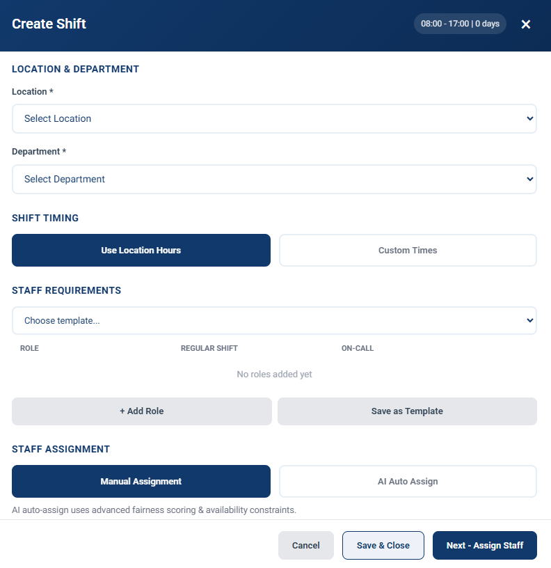 Create Shift dialog with location, department, role requirements, and AI auto-assign toggle